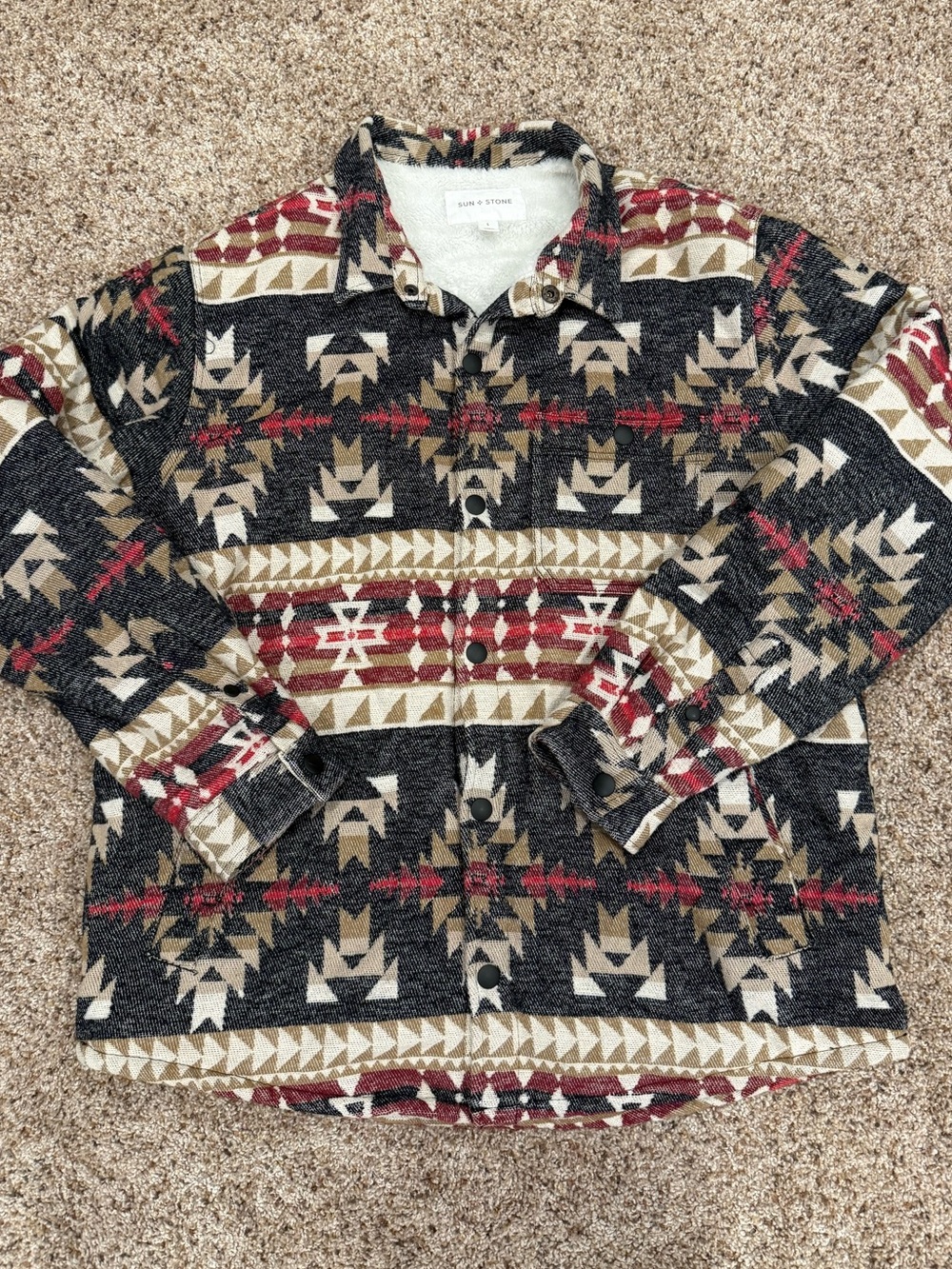 Sun + Stone Southwestern Aztec Sherpa Lined Shacket Jacket L Snap Front Ranch